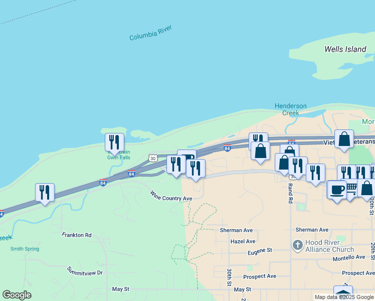 map of restaurants, bars, coffee shops, grocery stores, and more near 3820 State Frontage Road in Hood River