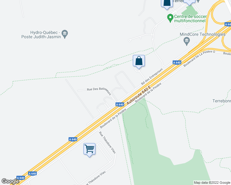map of restaurants, bars, coffee shops, grocery stores, and more near 2175 Boulevard des Entreprises in Terrebonne