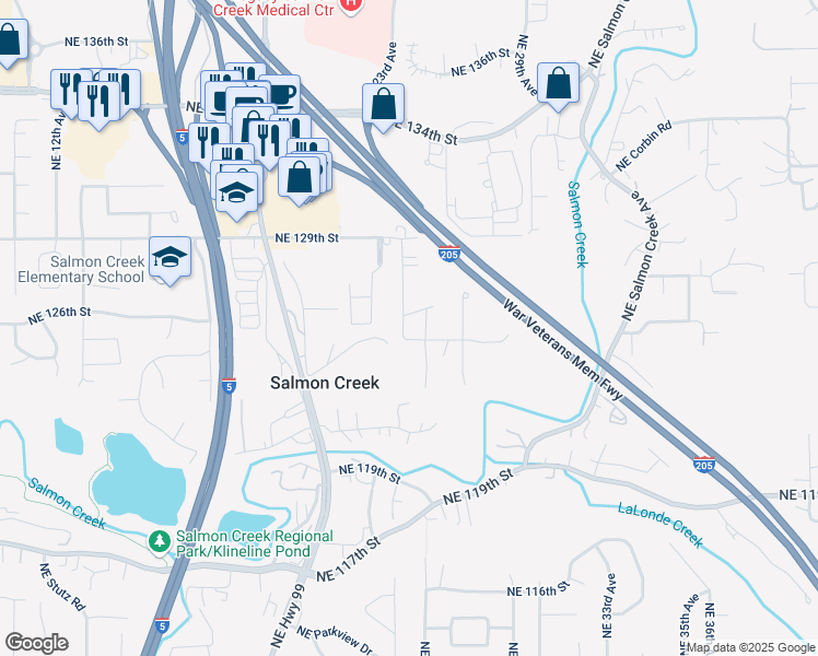 map of restaurants, bars, coffee shops, grocery stores, and more near 12509 Northeast 25th Avenue in Vancouver