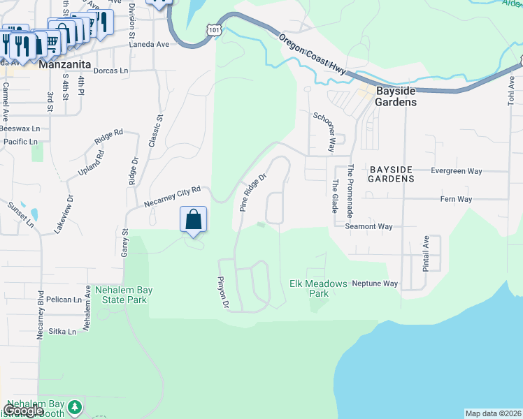 map of restaurants, bars, coffee shops, grocery stores, and more near 35165 Ponderosa Loop in Nehalem