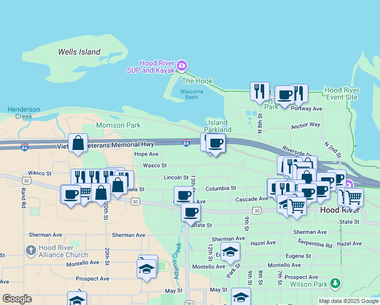 map of restaurants, bars, coffee shops, grocery stores, and more near 1308 Industrial Street in Hood River