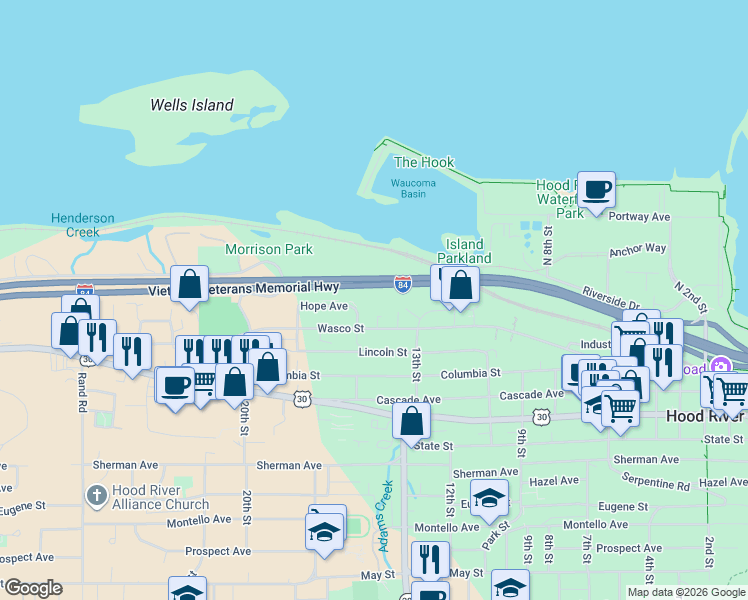 map of restaurants, bars, coffee shops, grocery stores, and more near 099 Pheasant View Drive in Hood River