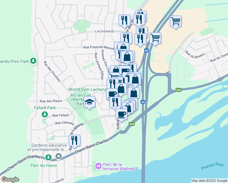map of restaurants, bars, coffee shops, grocery stores, and more near 327 Montée des Pionniers in Terrebonne