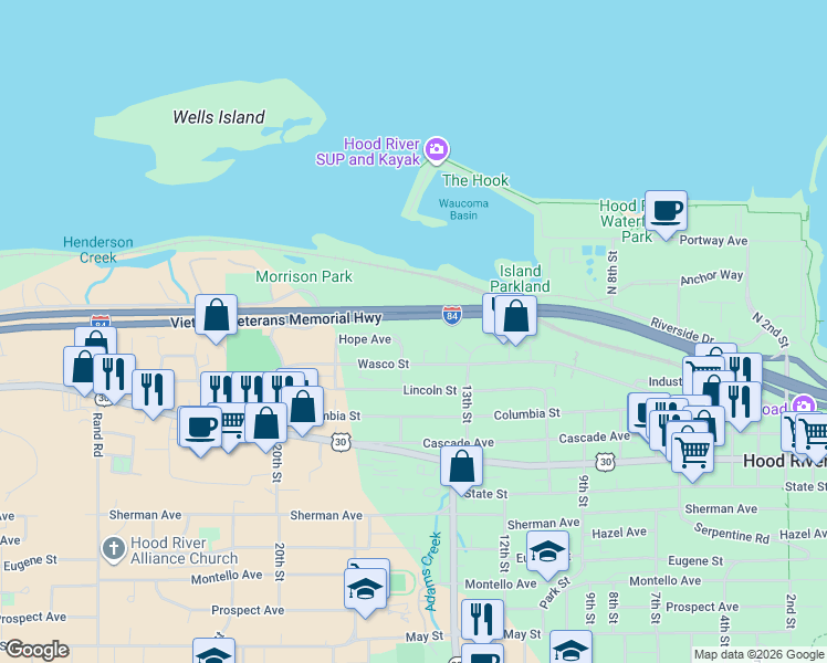 map of restaurants, bars, coffee shops, grocery stores, and more near 301 North 15th Street in Hood River