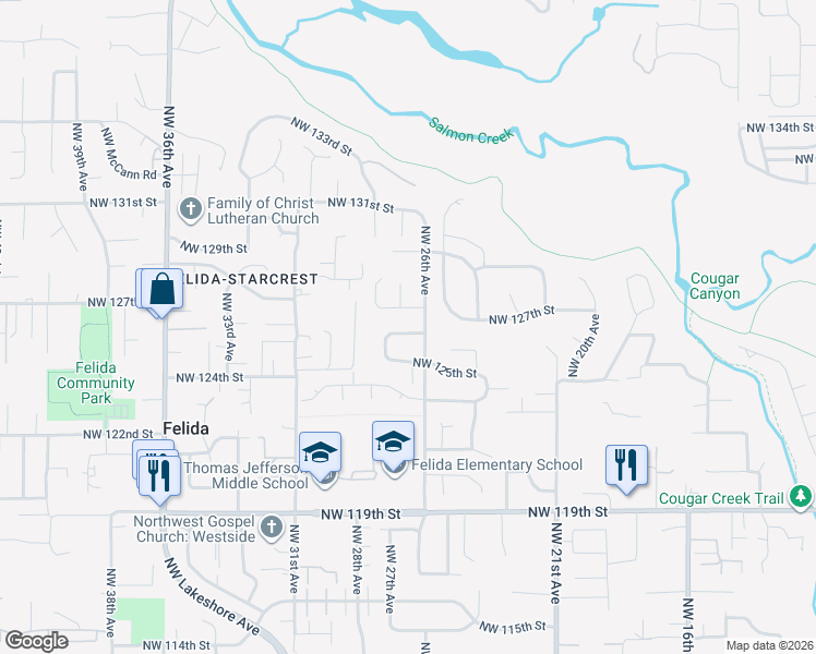 map of restaurants, bars, coffee shops, grocery stores, and more near 2602 Northwest 126th Street in Vancouver