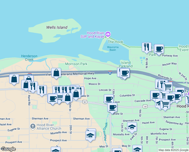 map of restaurants, bars, coffee shops, grocery stores, and more near 17 Hope Avenue in Hood River