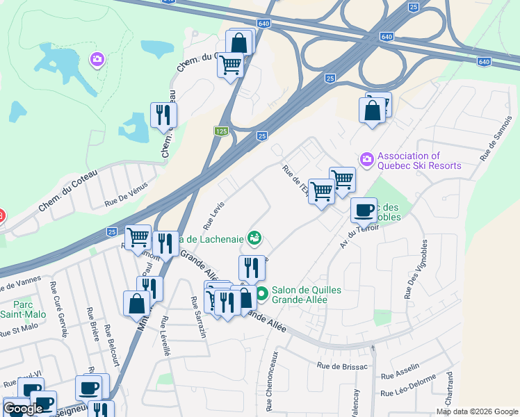 map of restaurants, bars, coffee shops, grocery stores, and more near 1038 Rue du Viger in Terrebonne