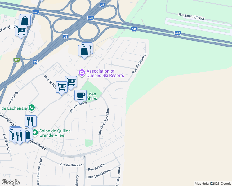 map of restaurants, bars, coffee shops, grocery stores, and more near 29 Place de Sauternes in Terrebonne