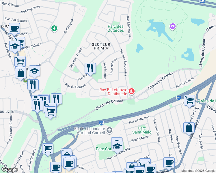 map of restaurants, bars, coffee shops, grocery stores, and more near 873 Rue Etchemin in Terrebonne