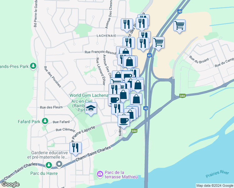 map of restaurants, bars, coffee shops, grocery stores, and more near 327 Montée des Pionniers in Terrebonne