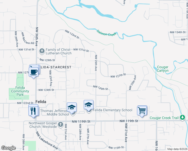 map of restaurants, bars, coffee shops, grocery stores, and more near 2602 Northwest 126th Street in Vancouver