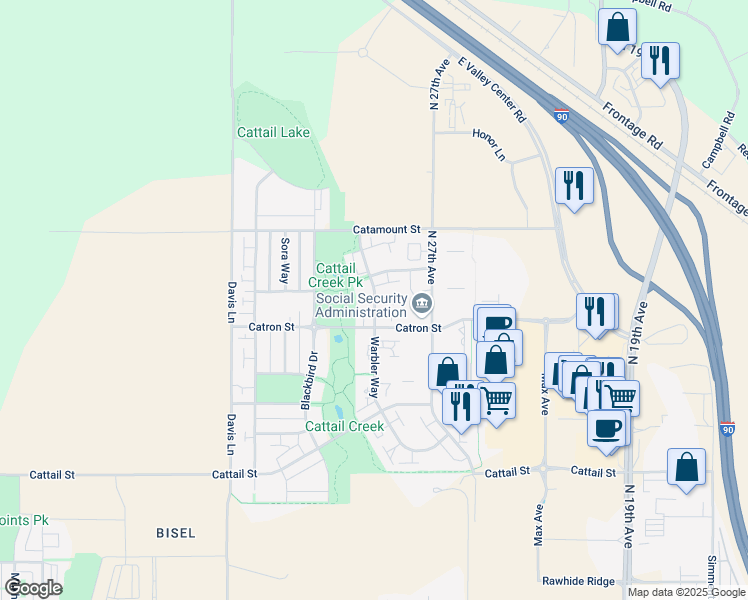 map of restaurants, bars, coffee shops, grocery stores, and more near 3215 Warbler Way in Bozeman