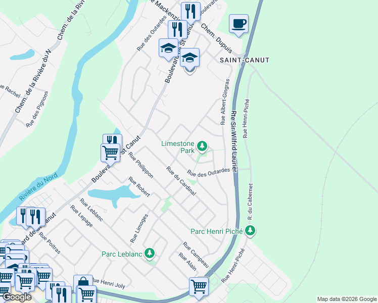 map of restaurants, bars, coffee shops, grocery stores, and more near 10680 Rue des Chardonnerets in Mirabel