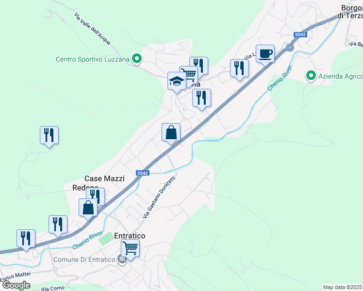 map of restaurants, bars, coffee shops, grocery stores, and more near 604 Via Nazionale in Luzzana