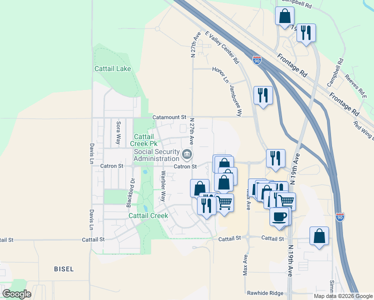map of restaurants, bars, coffee shops, grocery stores, and more near 3242 Warbler Way in Bozeman