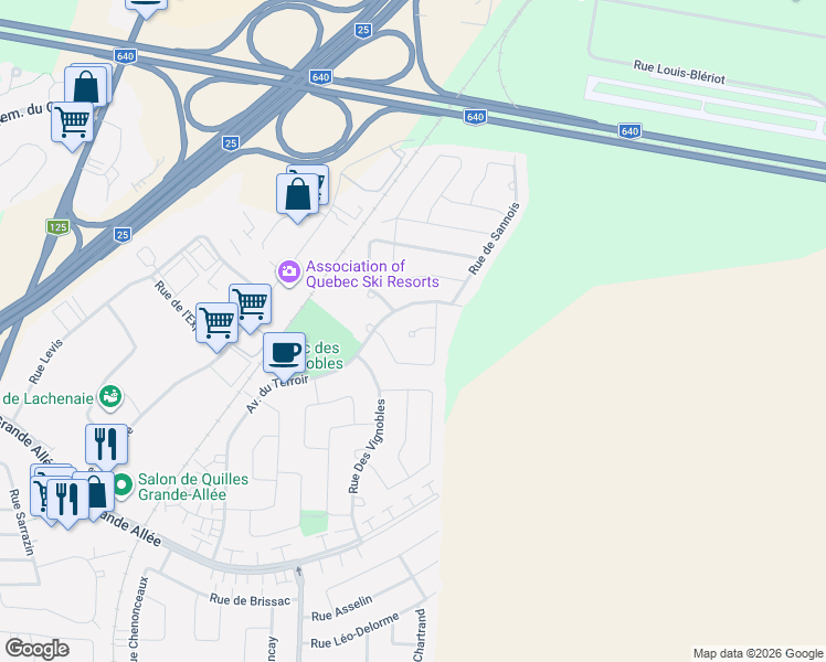 map of restaurants, bars, coffee shops, grocery stores, and more near 29 Place de Sauternes in Terrebonne
