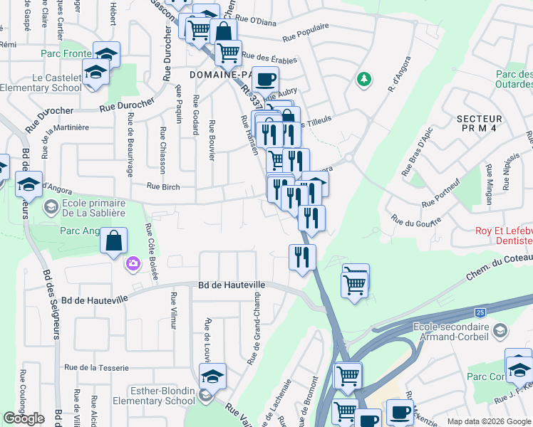 map of restaurants, bars, coffee shops, grocery stores, and more near 4600 Rue d'Angora in Terrebonne