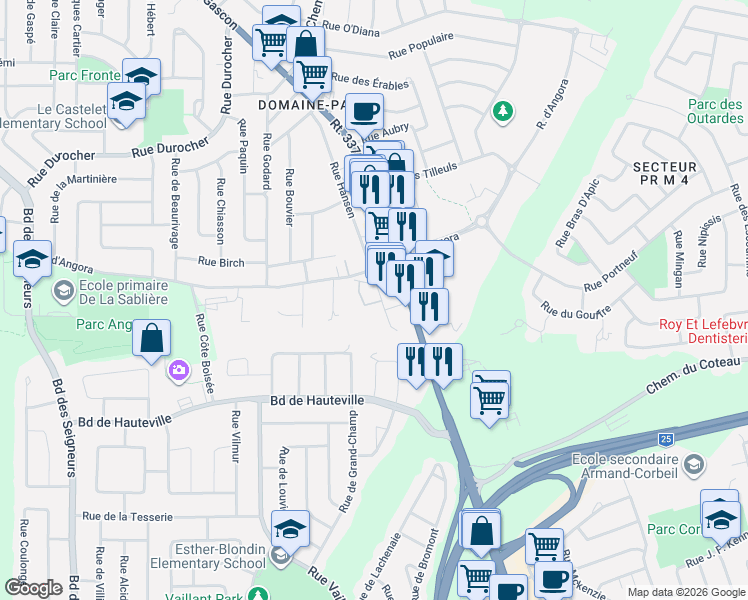 map of restaurants, bars, coffee shops, grocery stores, and more near 4600 Rue d'Angora in Terrebonne