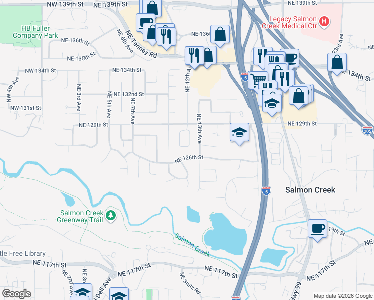 map of restaurants, bars, coffee shops, grocery stores, and more near 1119 Northeast 127th Street in Vancouver