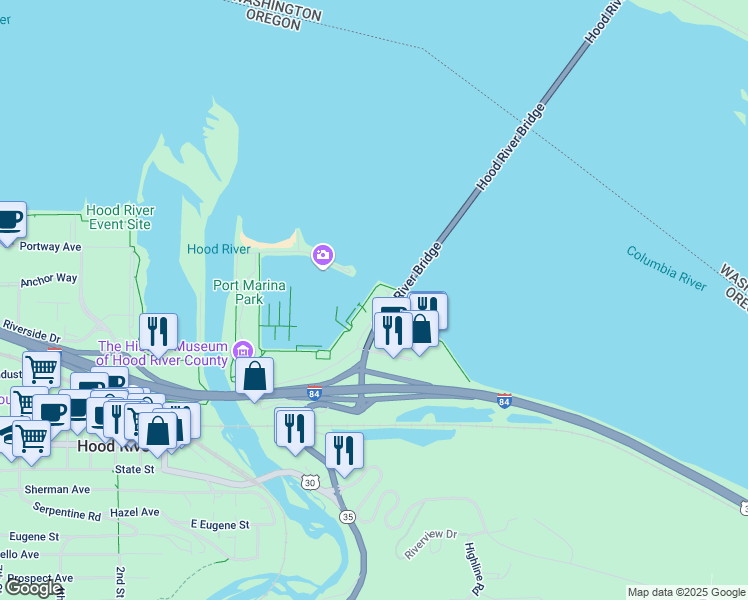 map of restaurants, bars, coffee shops, grocery stores, and more near 1000 East Port Marina Drive in Hood River