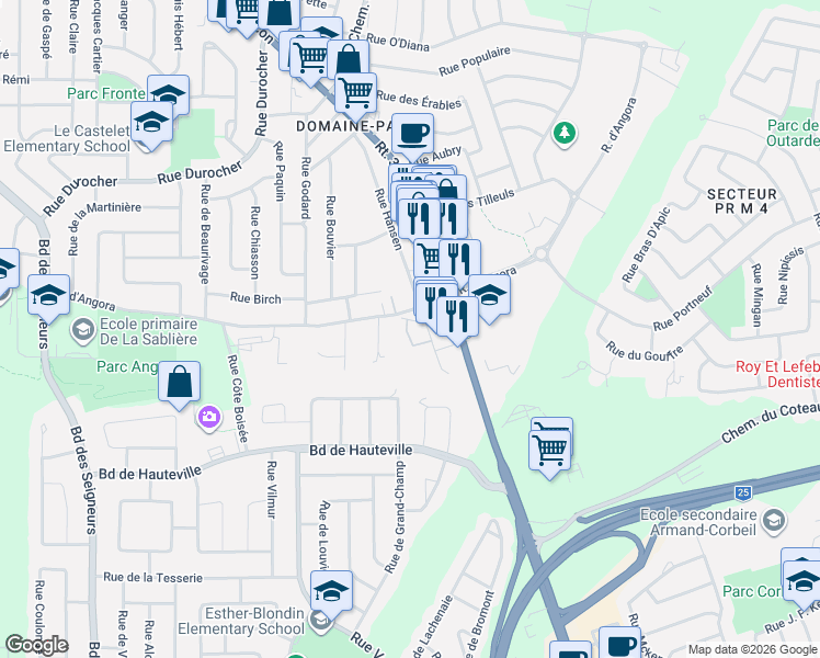 map of restaurants, bars, coffee shops, grocery stores, and more near 4570 Rue d'Angora in Terrebonne