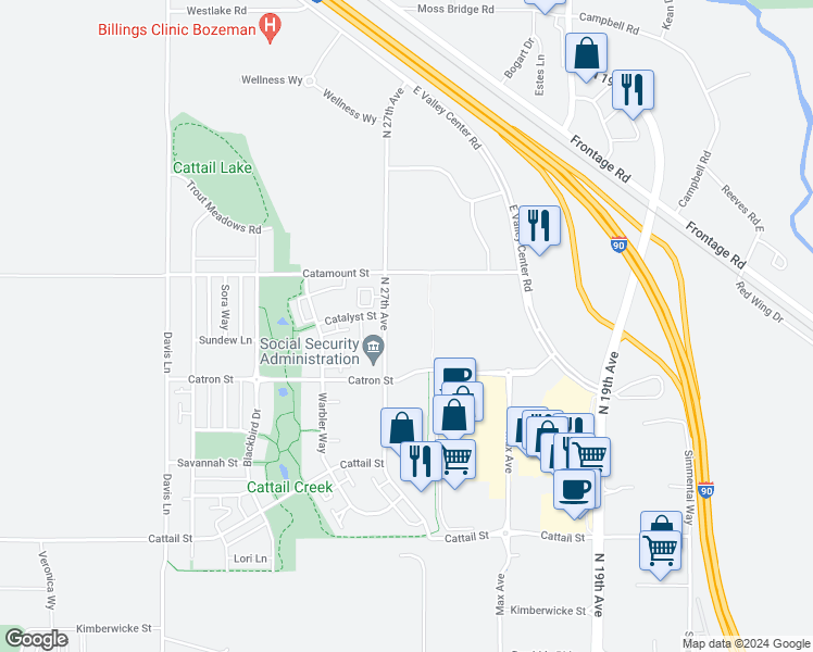 map of restaurants, bars, coffee shops, grocery stores, and more near 3342 North 27th Avenue in Bozeman