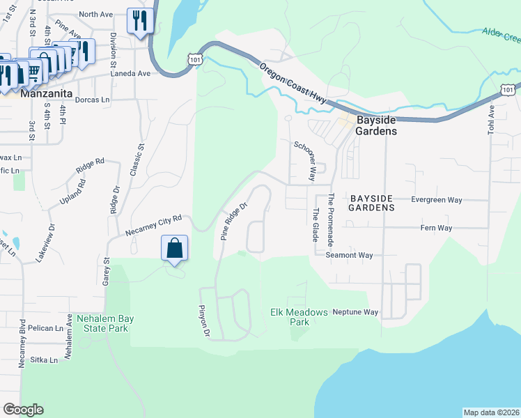 map of restaurants, bars, coffee shops, grocery stores, and more near 10305 Pine Ridge Drive in Manzanita