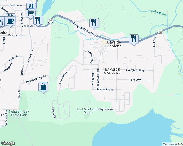 map of restaurants, bars, coffee shops, grocery stores, and more near 10755 Necarney City Road in Nehalem