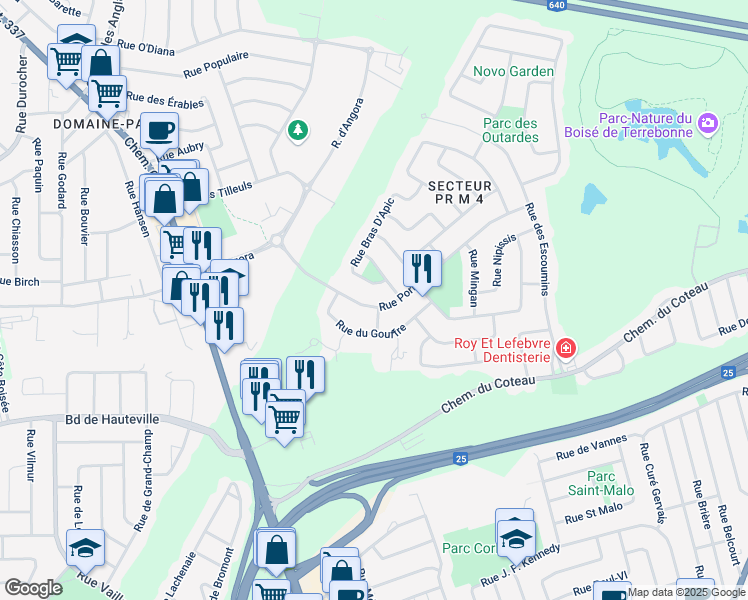 map of restaurants, bars, coffee shops, grocery stores, and more near 801 Rue de la Portneuf in Terrebonne