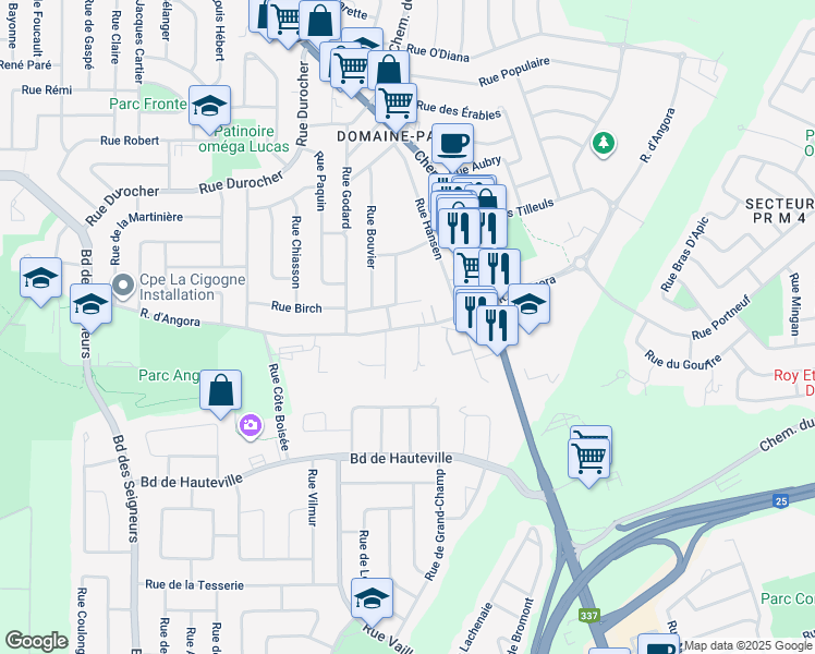 map of restaurants, bars, coffee shops, grocery stores, and more near Rue d'Angora in Terrebonne