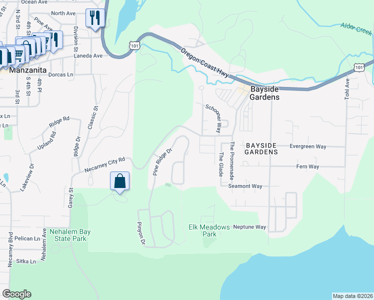 map of restaurants, bars, coffee shops, grocery stores, and more near 10375 Pine Ridge Drive in Nehalem