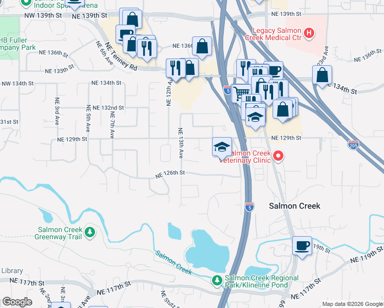 map of restaurants, bars, coffee shops, grocery stores, and more near 12801 Northeast 13th Avenue in Vancouver