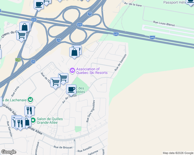 map of restaurants, bars, coffee shops, grocery stores, and more near 1028 Avenue du Terroir in Terrebonne