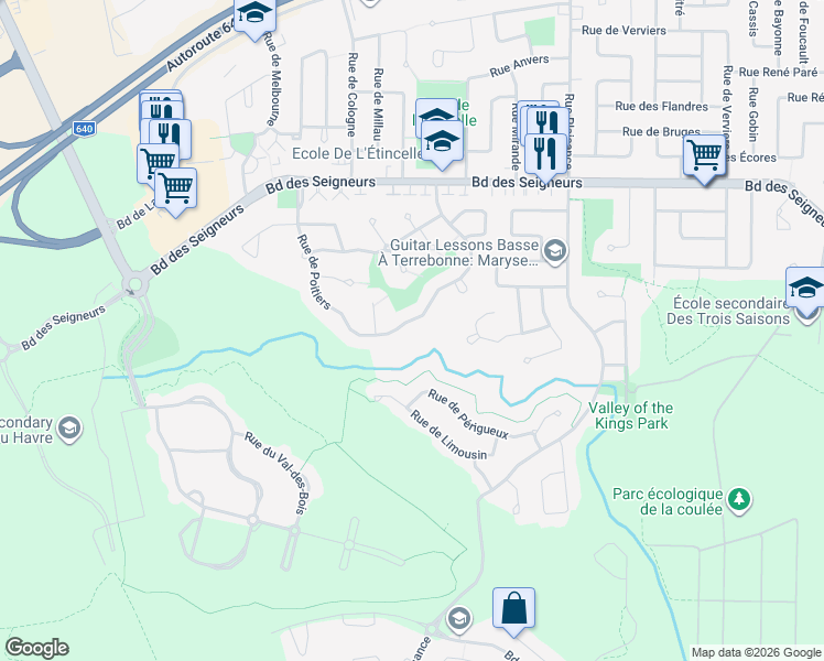 map of restaurants, bars, coffee shops, grocery stores, and more near 1575 Rue de Poitiers in Terrebonne