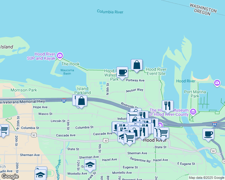map of restaurants, bars, coffee shops, grocery stores, and more near 489 North 8th Street in Hood River