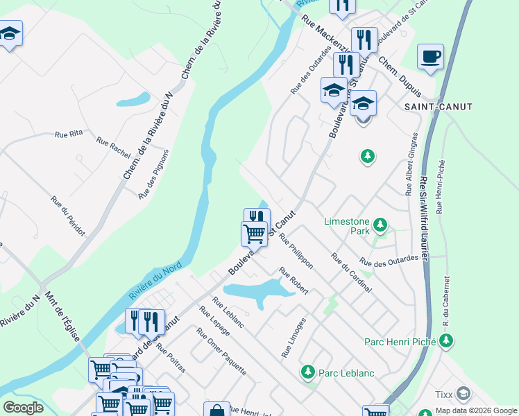 map of restaurants, bars, coffee shops, grocery stores, and more near 14457 Rue du Héron in Mirabel