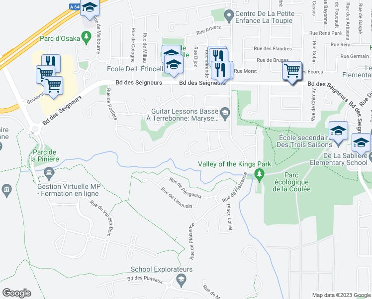 map of restaurants, bars, coffee shops, grocery stores, and more near 3376 Place de Malabar in Terrebonne
