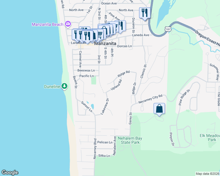 map of restaurants, bars, coffee shops, grocery stores, and more near 419 Upland Road in Nehalem