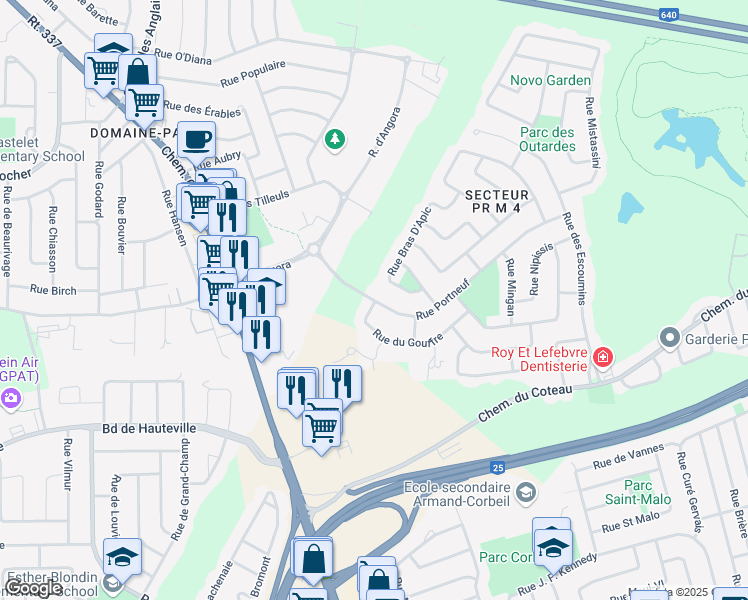 map of restaurants, bars, coffee shops, grocery stores, and more near 767 Rue Portneuf in Terrebonne