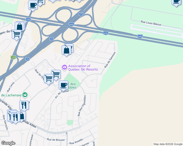 map of restaurants, bars, coffee shops, grocery stores, and more near 1040 Avenue du Terroir in Terrebonne