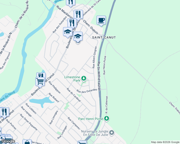 map of restaurants, bars, coffee shops, grocery stores, and more near 14465 Rue des Goélands in Mirabel