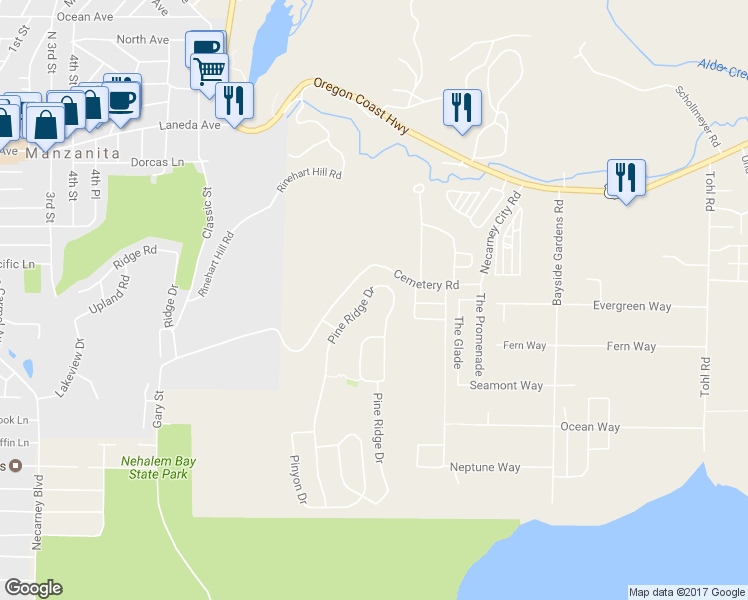 map of restaurants, bars, coffee shops, grocery stores, and more near 10305 Pine Ridge Drive in Manzanita