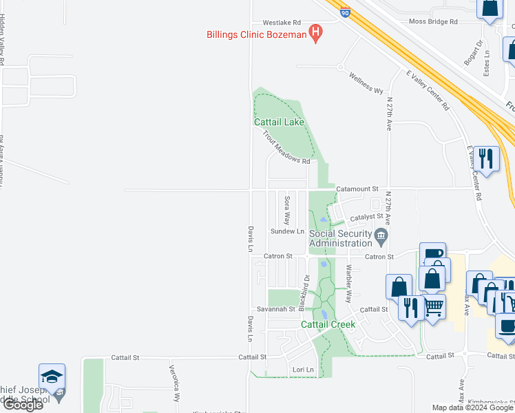map of restaurants, bars, coffee shops, grocery stores, and more near 3361 Fen Way in Bozeman
