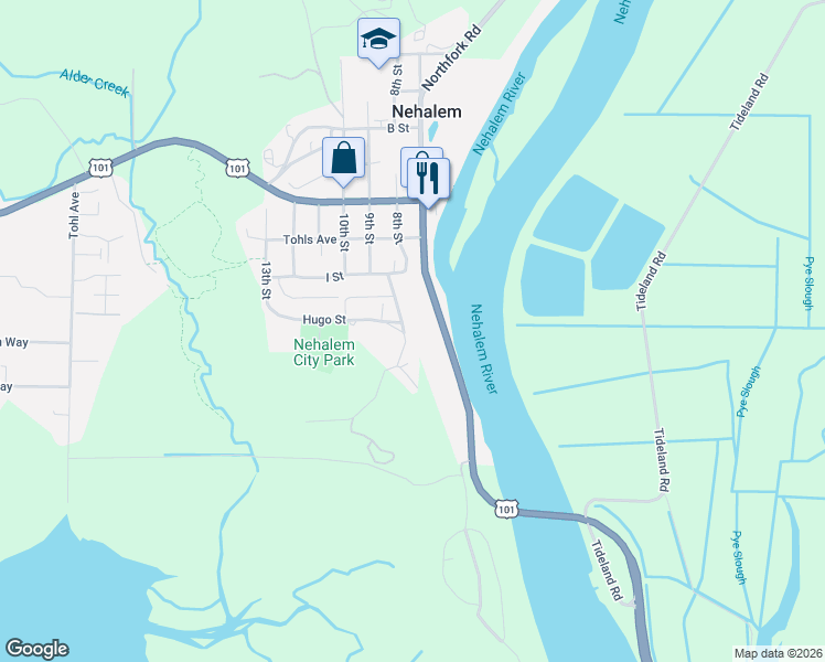 map of restaurants, bars, coffee shops, grocery stores, and more near 35425 9th Street in Nehalem