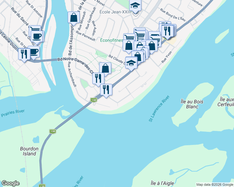 map of restaurants, bars, coffee shops, grocery stores, and more near 74 Rue Venne in Repentigny