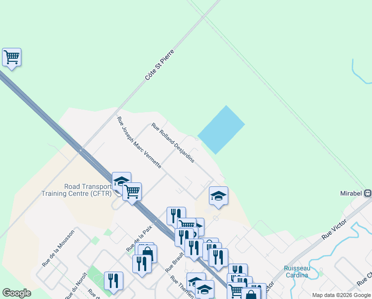 map of restaurants, bars, coffee shops, grocery stores, and more near 14375 Rue Rolland-Desjardins in Mirabel