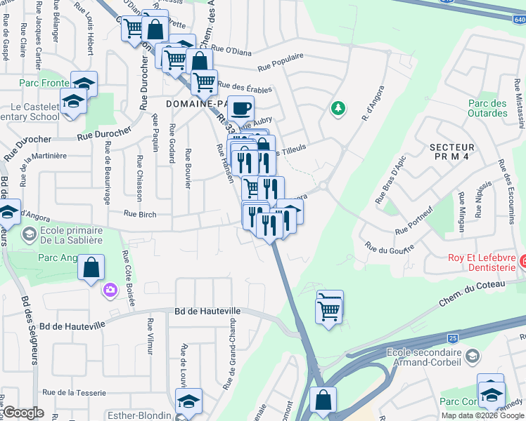 map of restaurants, bars, coffee shops, grocery stores, and more near 4715 Rue d'Angora in Terrebonne
