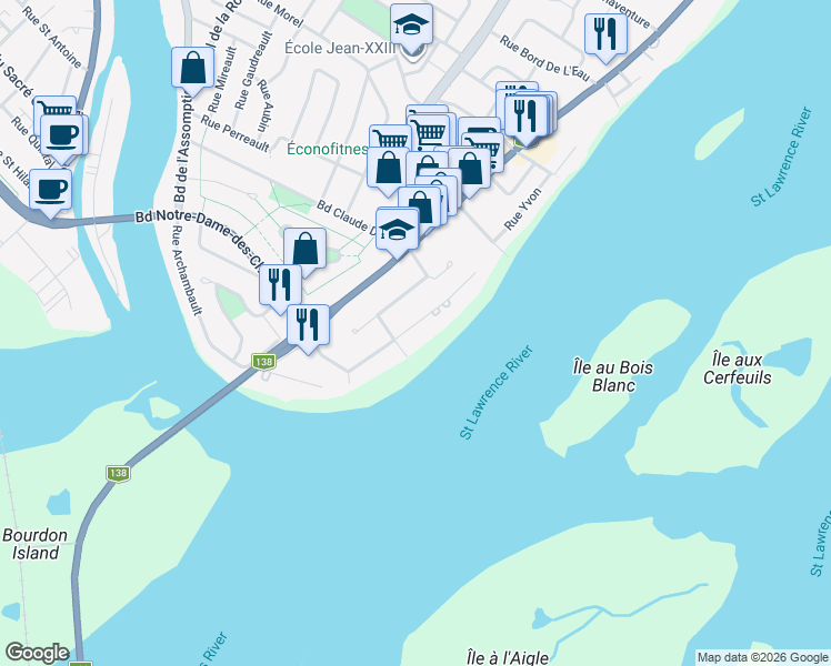 map of restaurants, bars, coffee shops, grocery stores, and more near 168 Rue Deschamps in Repentigny