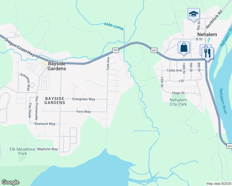 map of restaurants, bars, coffee shops, grocery stores, and more near 11635 Ernst Court in Nehalem