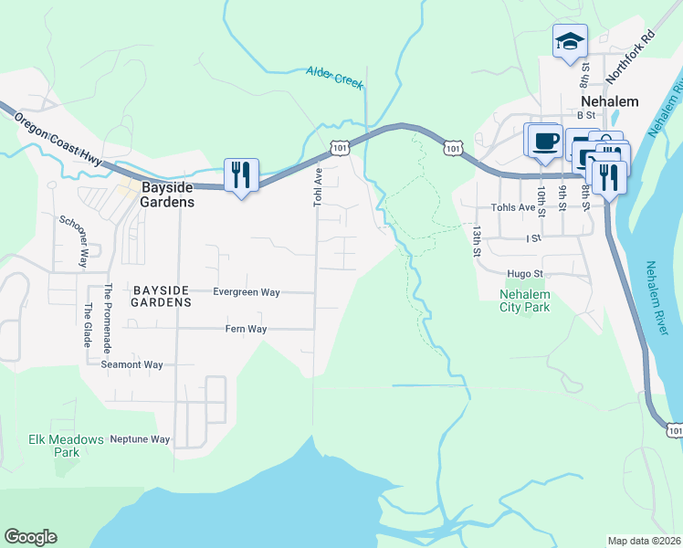 map of restaurants, bars, coffee shops, grocery stores, and more near 11635 Ernst Court in Nehalem